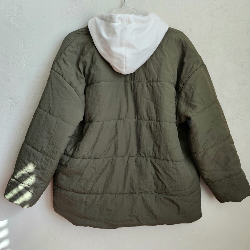 Blank NYC Fair Shake Olive Green Puffer Jacket White Cotton Removeable Hoodie - Picture 7 of 14